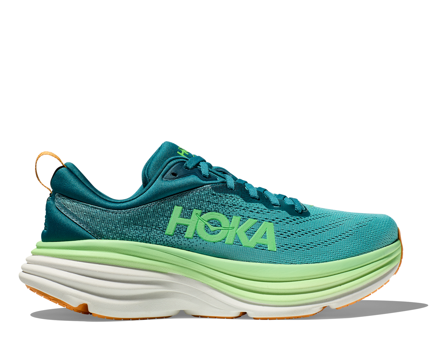 Hoka Bondi 8 i herrmodell. Färgerna skiftar i gröna nyanser. Hos Hoka specialisterna i Sverige.