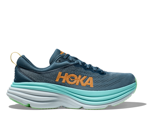 Hoka M Bondi 8 RHD. Herrsko med mycket dämpning till löpning, arbetet eller promenaden på asfalt och hårt underlag. Blå färg med orange detalj. Hos Hoka specialisterna i Sverige.