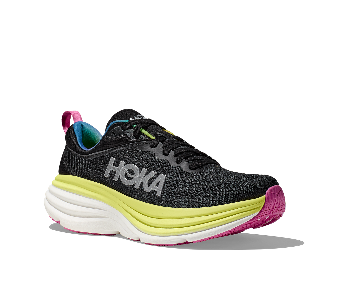 Hoka Bondi 8 i herrmodell. Svart färg som bas med multifärg i detalj. Hos Hoka specialisterna i Sverige.