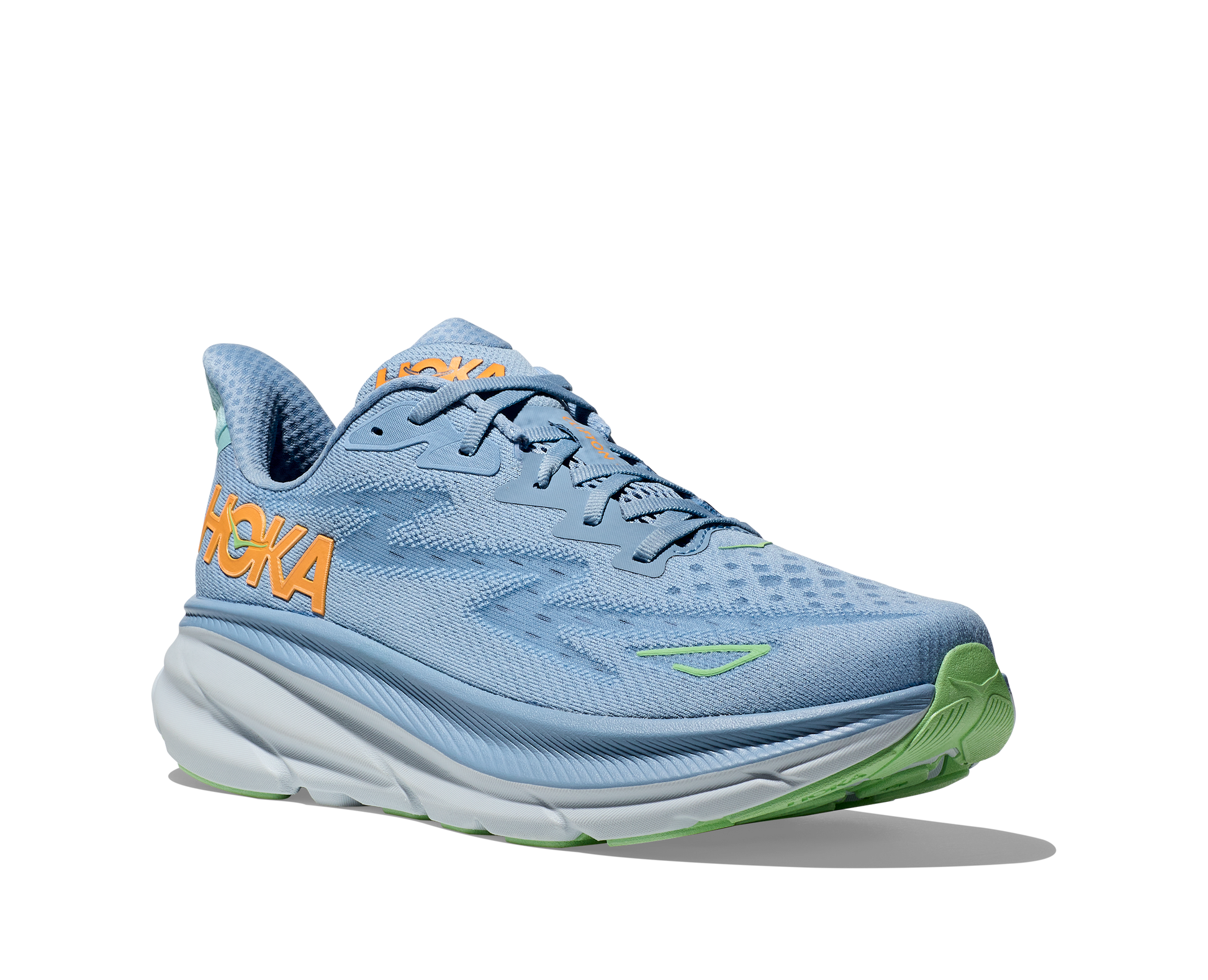 Hoka M Clifton 9 DLL - Den pålitliga Clifton 9, denna gång i Ljus Blå färg med orangea och gröna detaljer.