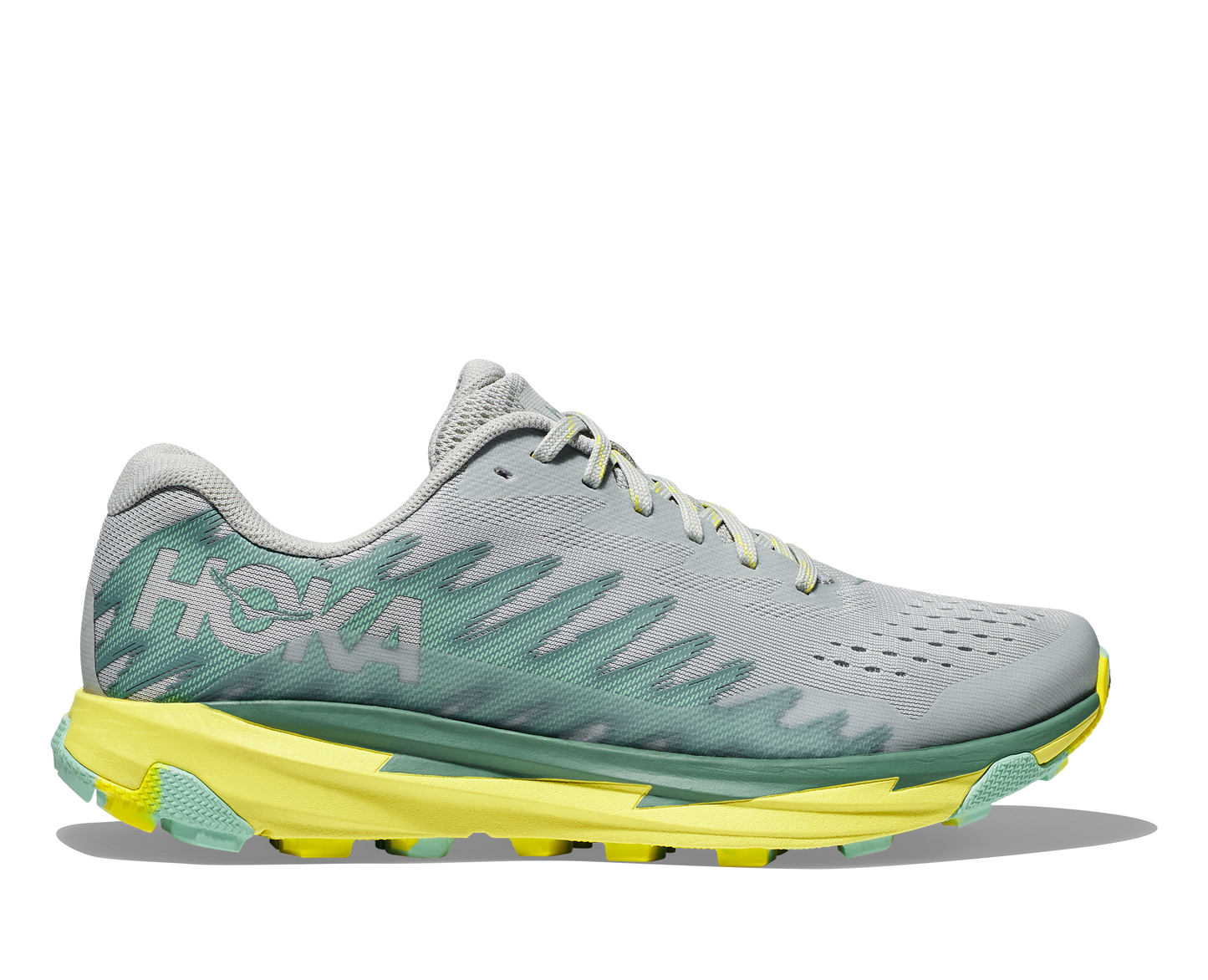 Hoka Torrent 3, dammodell. Grå och grön trailsko med gul sula. Hos Hoka specialisterna i Sverige.