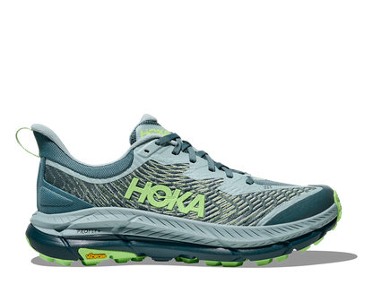 Hoka M Mafatespeed 4, trailskon med ett oerhört bra grepp med sina grova och djupa doppar i vibram. En stabilare trailsko med profly+ sula som ger stabilitet och fart. Skon är bra både till löpning och promenad i svårare terräng. Färgen går i nyanserna grönt och blått. Hos dina Hoka specialister i Sverige. 