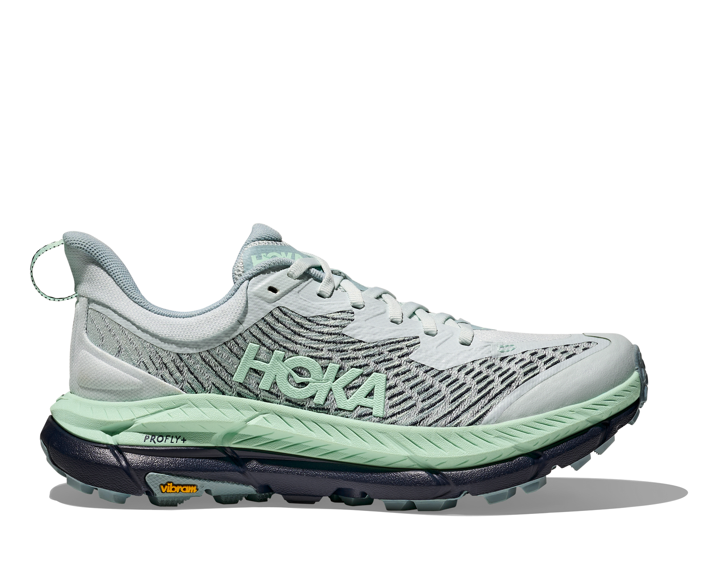 Hoka Mafate speed 4 W, trailsko med Profly+ sula. Stabilare trailsko med optimalt grepp av Vibram och djupa dobbar. Rundad tåbox. Färgen går i nyanserna grått och grönt. 