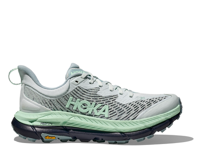 Hoka Mafate speed 4 W, trailsko med Profly+ sula. Stabilare trailsko med optimalt grepp av Vibram och djupa dobbar. Rundad tåbox. Färgen går i nyanserna grått och grönt. 