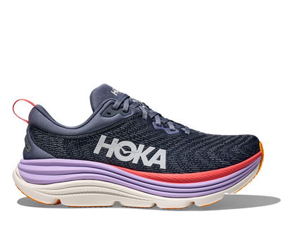 Hoka Gaviota 5 Wide W, skomodell till dam. Widemodell för dig som behöver en rymlig sko. Här har ni Hokas stabilaste sko med pronationsstöd. Mörkblå färg i grunden med detaljer i lila, rött och orange. Perfekt för löpningen eller arbetspasset där du behöver mycket dämpning. 