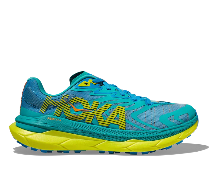 Hoka Tecton X 2, herrmodell. Blå trailsko med gula detaljer. Hos Hoka specialisterna i Sverige.