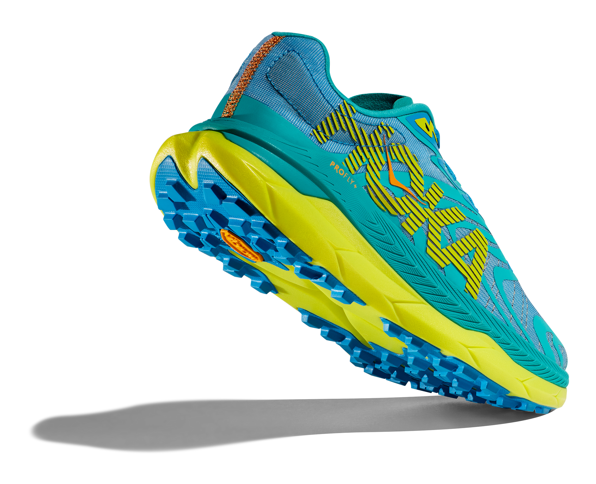 Hoka Tecton X 2, herrmodell. Blå trailsko med gula detaljer. Hos Hoka specialisterna i Sverige.