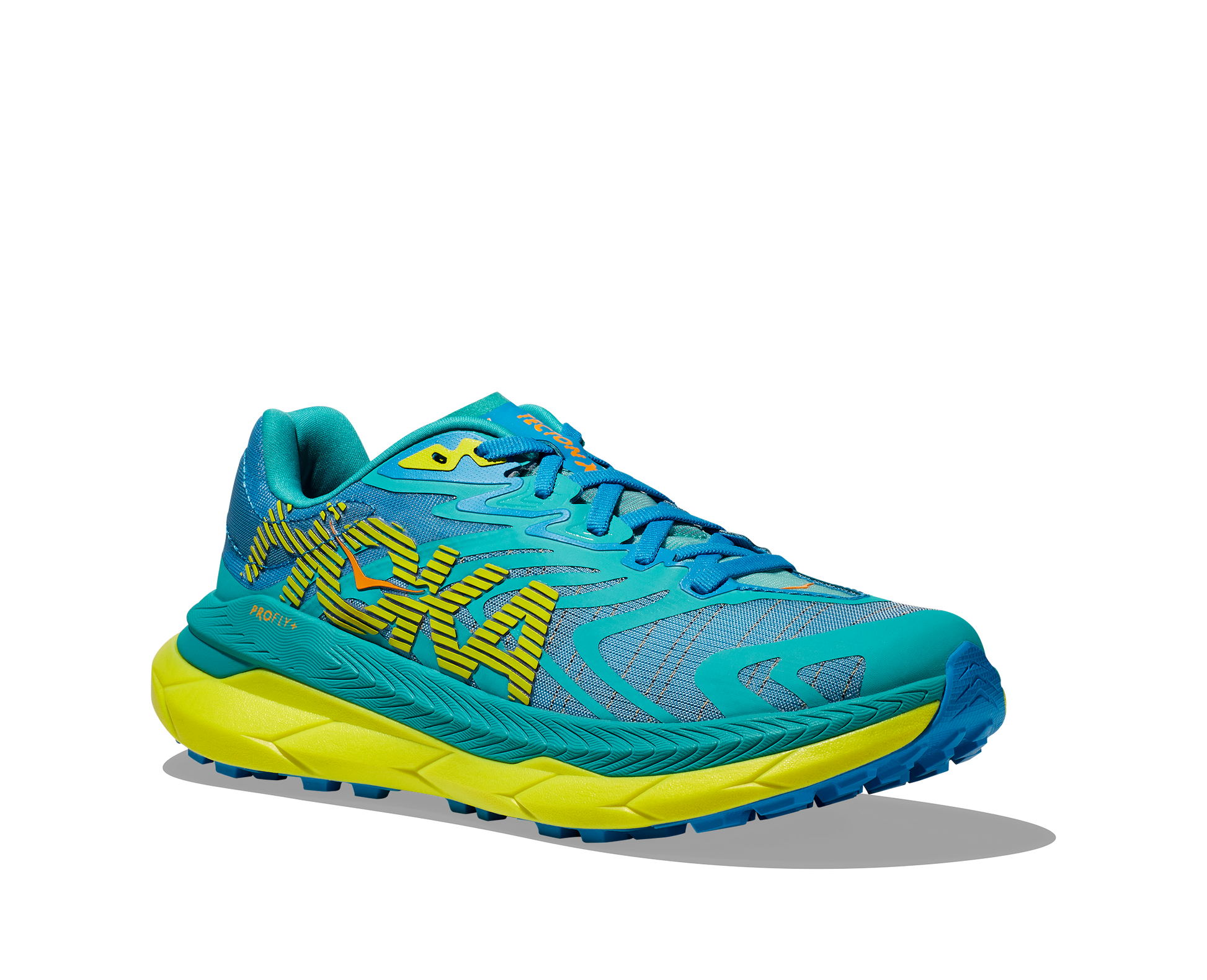 Hoka Tecton X 2, herrmodell. Blå trailsko med gula detaljer. Hos Hoka specialisterna i Sverige.