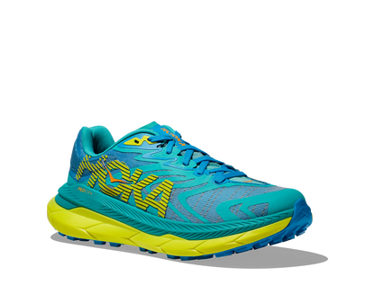 Hoka Tecton X 2, herrmodell. Blå trailsko med gula detaljer. Hos Hoka specialisterna i Sverige.