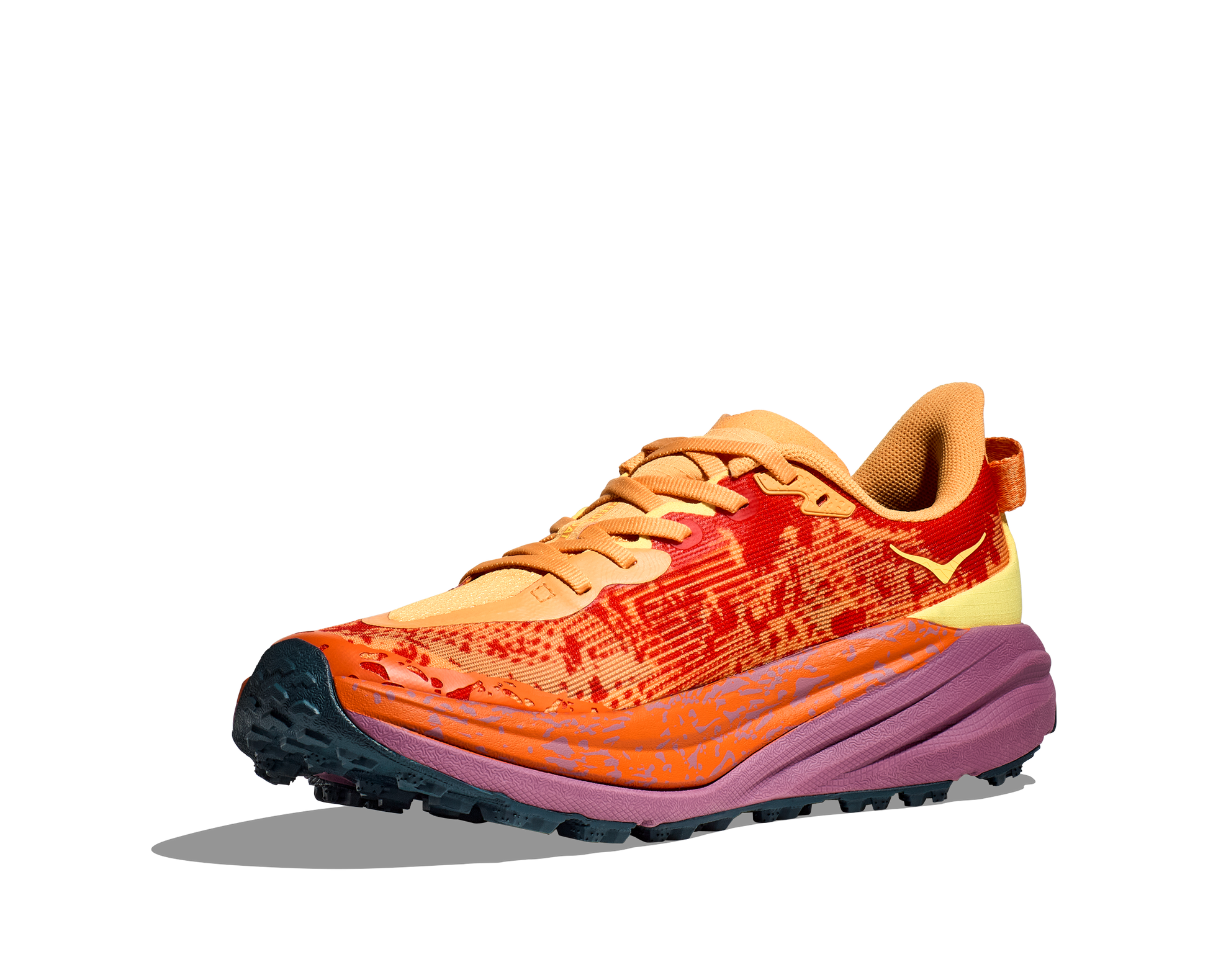 Hoka M Speedgoat 6. Terrängsko med dämpning och stabilitet. Vibram i dobbar. Färg orange och gul