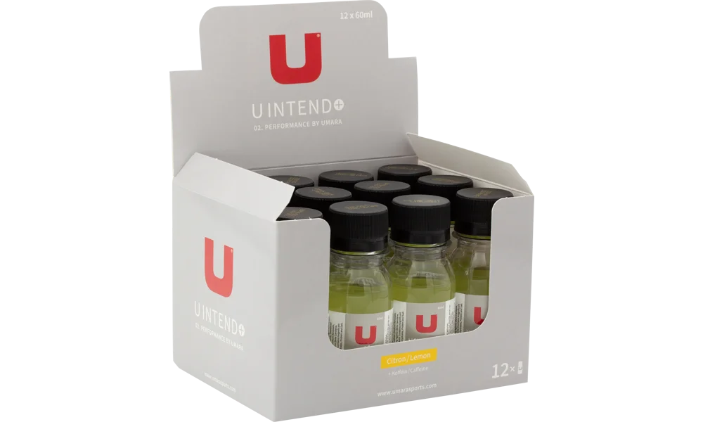 UMARA U Intend shot 60ml x 12. Låda med 12st shot med smak av citron för extra energikick vid träning och tävling.