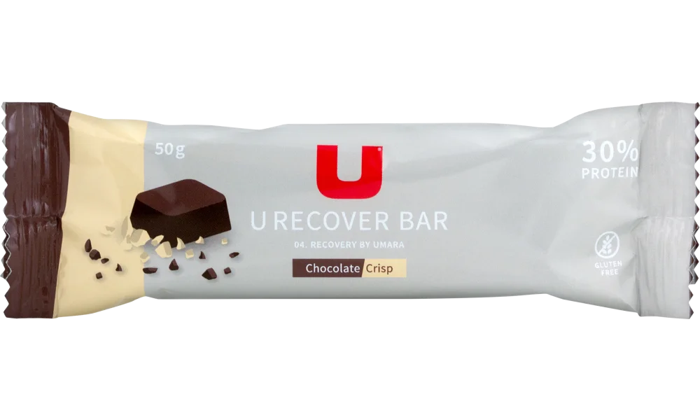 UMARA U Recover Proteinbar Chocolate Crisp. Återhämtningsbar som passar utmärkt som mellanmål. Choklad med crisp som smak.